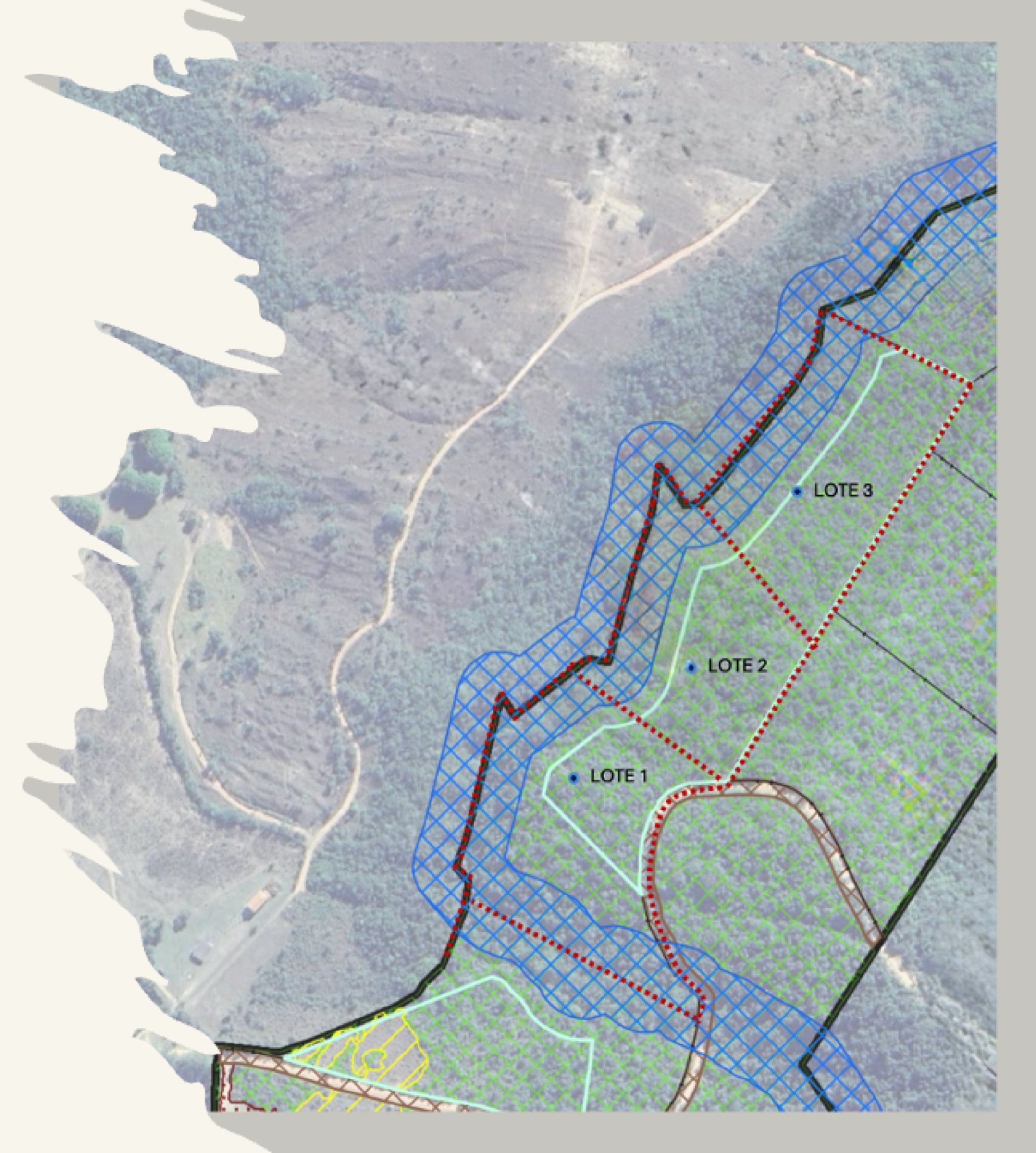 Mapa aéreo da propriedade no Vale da Gurita com os Lotes 1, 2 e 3 destacados